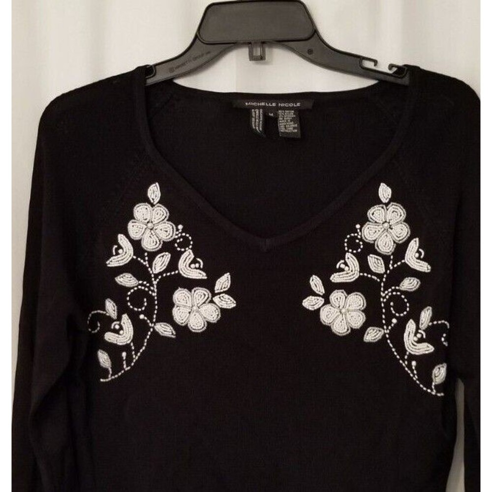 Women's Knit Sweater Beaded Faux Pearl Floral Designer Michelle Nicole Medium